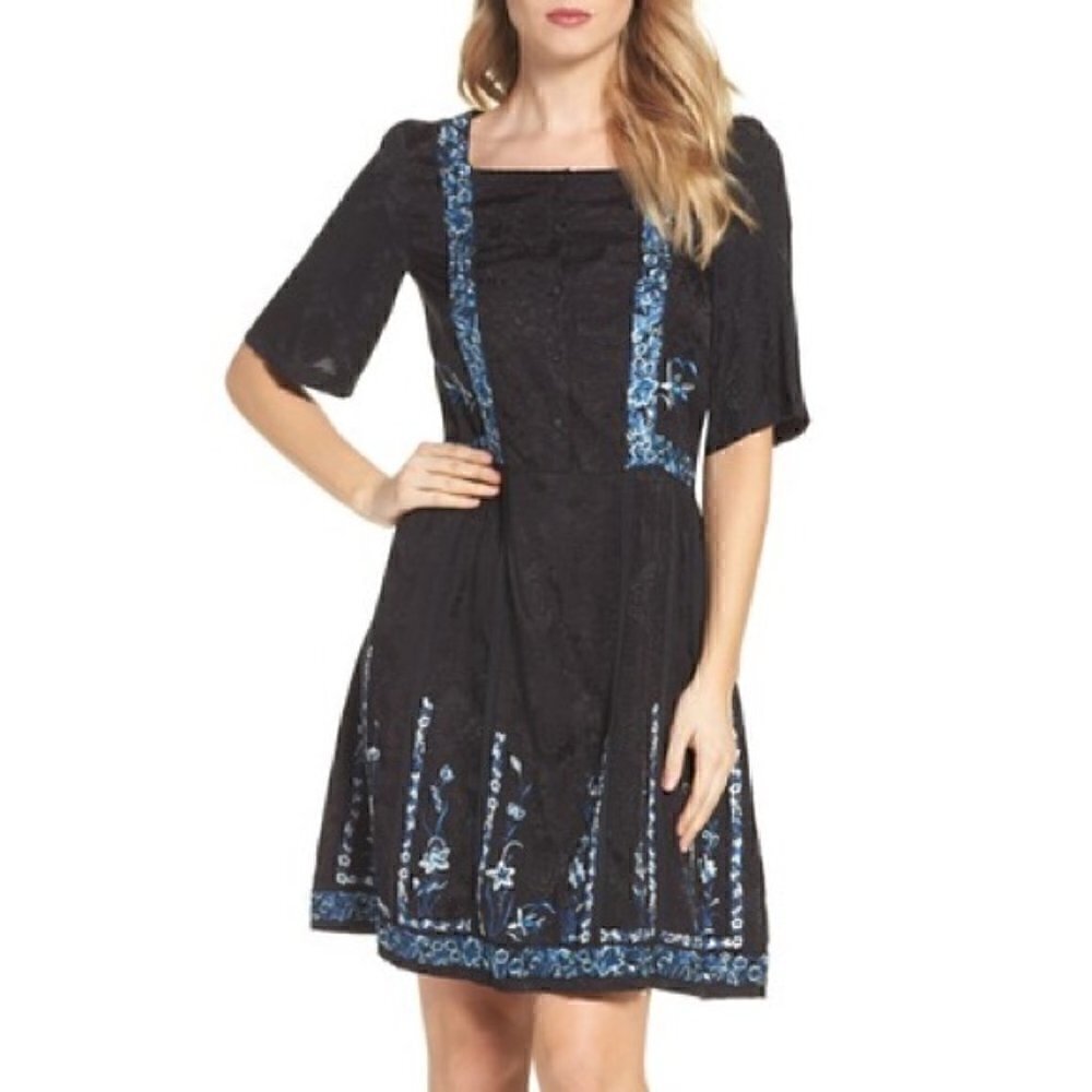 French Connection Dress 0 Argento Stitch Embroidered Floral Brocade Black Blue